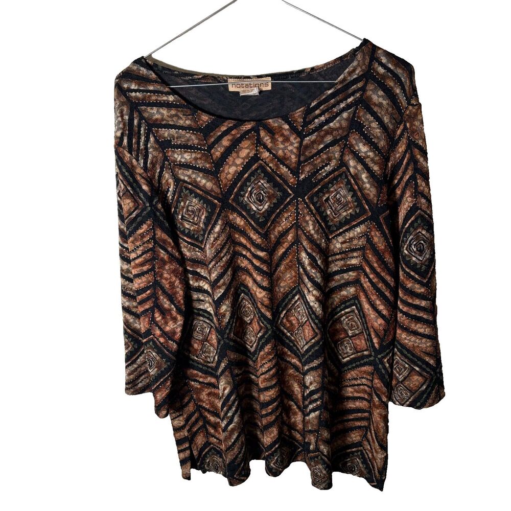 Notations Shirt Women's Large Printed 3/4 Sleeve Colorful Round Neck Brown Top